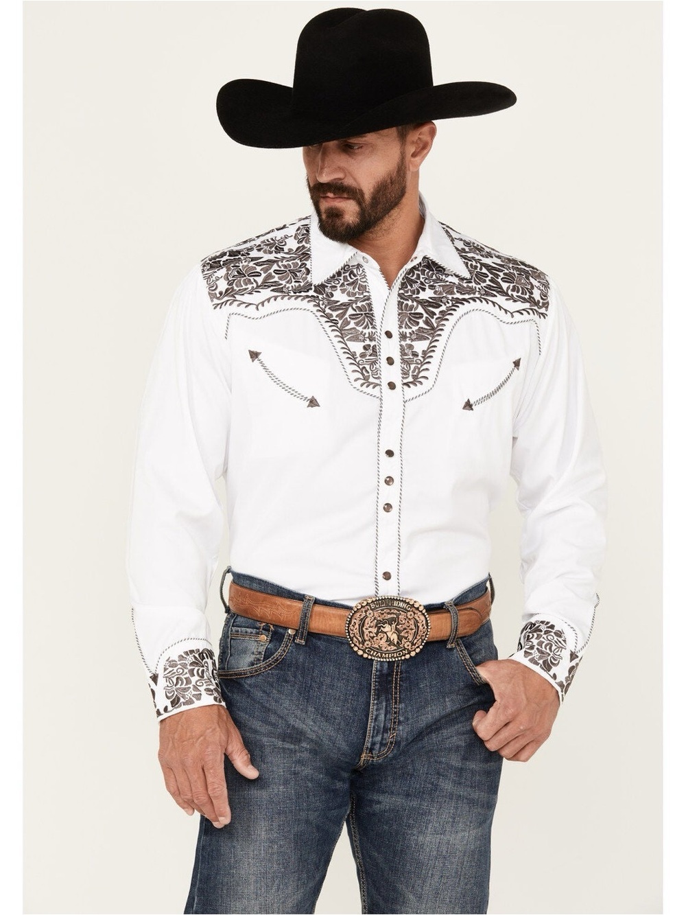 Scully Men's Embroidered Gunfighter Long sleeve snap white western shirt size L